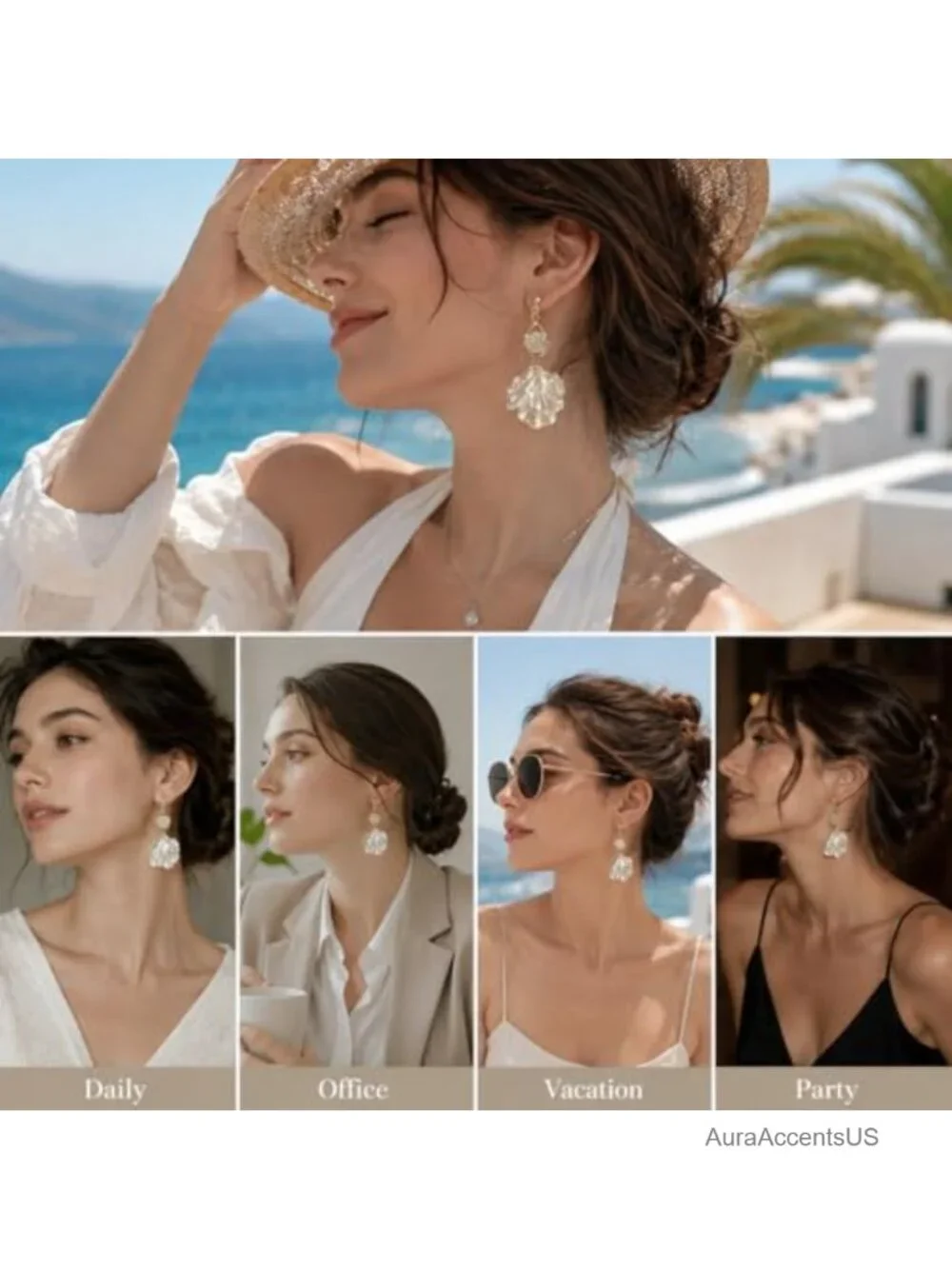 White Shell Petal Drop Earrings Gold Dangle Boho Statement Jewelry
